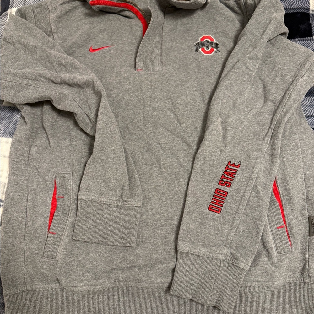 Nike Gray and Red Ohio State Men's Zip-Up Sweater